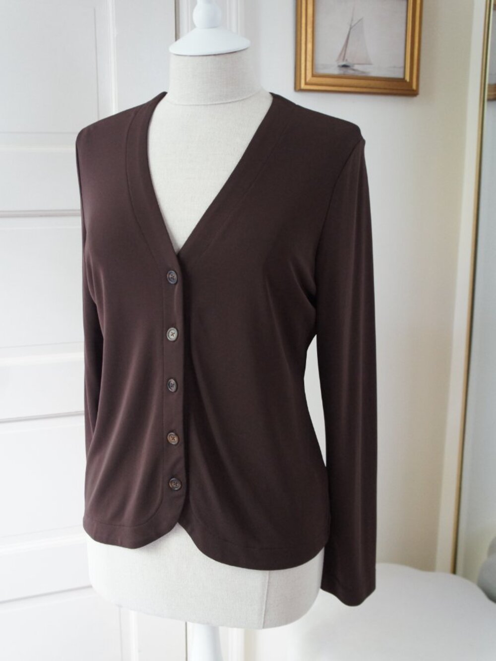 Vintage Dark Brown V Neck Cardigan Petal Hem by Josephine Chaus Size Medium